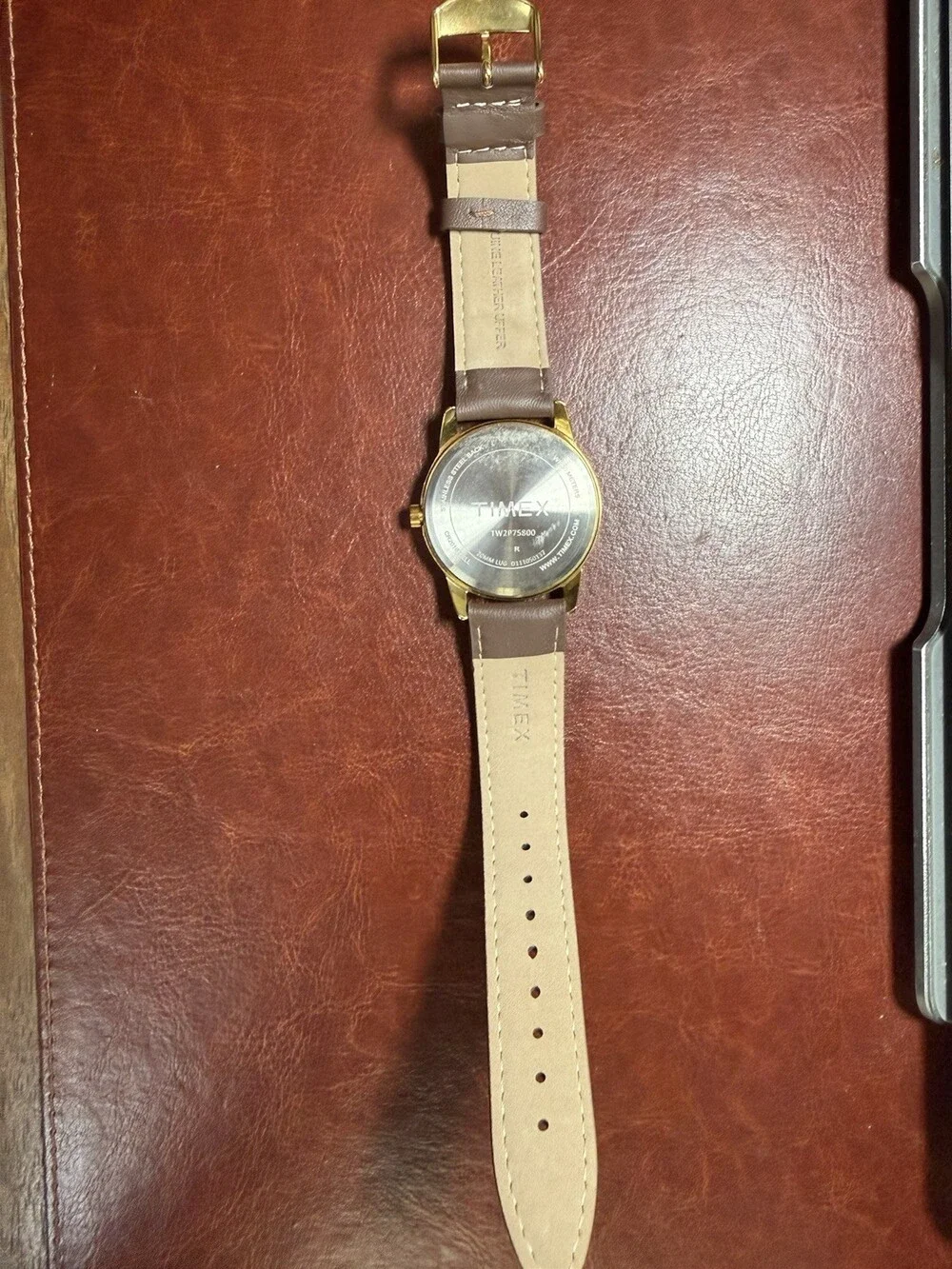 Timex Indiglo Quartz Date 30M Gold Tone Stainless Case White Dial Brown Leather